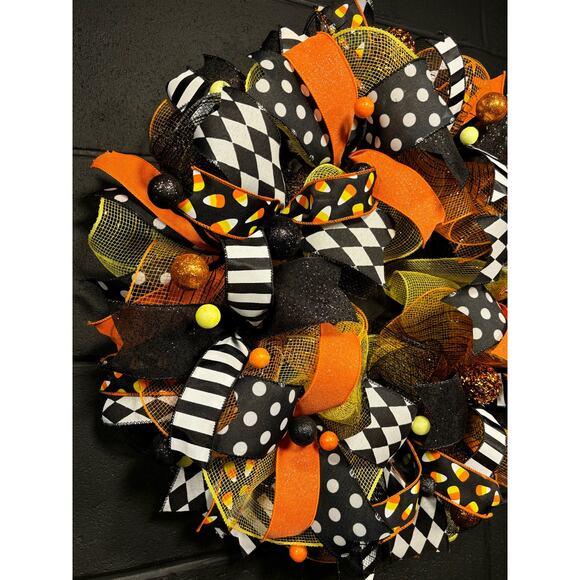 Halloween Wreath for Front Door~Black and Orange-Candy Corn~Handmade 22 inch - Picture 2 of 7